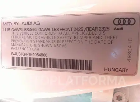 AUDI S3 2016 vin WAUB1GFF1G1064866 from auto auction Iaai