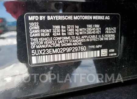 BMW X7 XDRIVE4 2023 vin 5UX23EM02P9P29760 from auto auction Copart