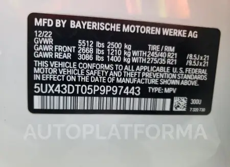 BMW X4 M40I 2023 vin 5UX43DT05P9P97443 from auto auction Copart