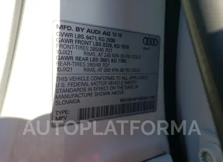 AUDI Q8 PREMIUM 2019 vin WA1BVAF10KD011750 from auto auction Copart