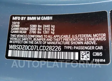 BMW M8 2020 vin WBSDZ0C07LCD28226 from auto auction Copart