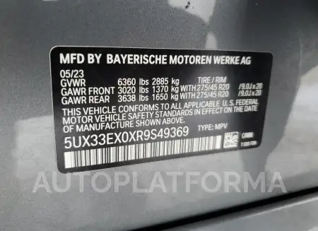 BMW X6 XDRIVE4 2024 vin 5UX33EX0XR9S49369 from auto auction Copart