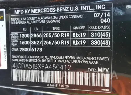 MERCEDES-BENZ ML 350 2015 vin 4JGDA5JBXFA450412 from auto auction Copart