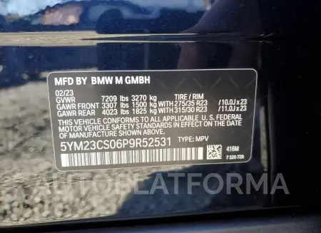 BMW XM 2023 vin 5YM23CS06P9R52531 from auto auction Copart