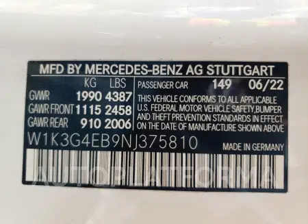 MERCEDES-BENZ A 220 2022 vin W1K3G4EB9NJ375810 from auto auction Copart