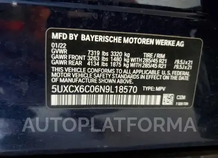 BMW X7 M50I 2022 vin 5UXCX6C06N9L18570 from auto auction Copart