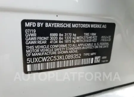 BMW X7 XDRIVE4 2019 vin 5UXCW2C53KL089352 from auto auction Copart