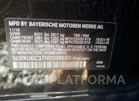 BMW X6 XDRIVE5 2017 vin 5UXKU6C37H0S99650 from auto auction Copart