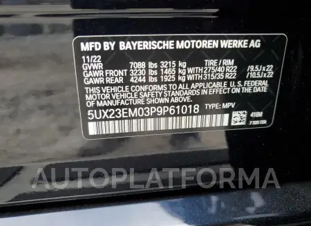 BMW X7 XDRIVE4 2023 vin 5UX23EM03P9P61018 from auto auction Copart