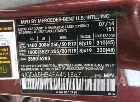 MERCEDES-BENZ ML 350 4MA 2015 vin 4JGDA5HB4FA451867 from auto auction Copart