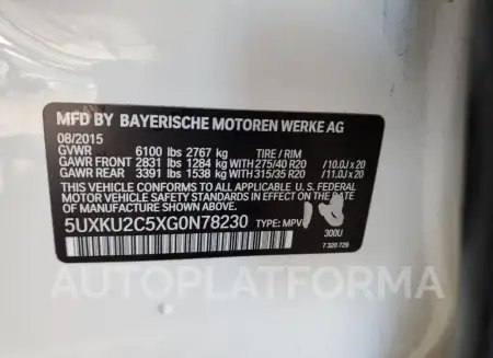 BMW X6 XDRIVE3 2016 vin 5UXKU2C5XG0N78230 from auto auction Copart