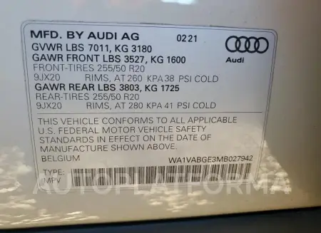 AUDI E-TRON PRE 2021 vin WA1VABGE3MB027942 from auto auction Copart