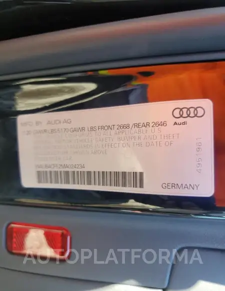 AUDI S5 PRESTIG 2021 vin WAUB4CF52MA024234 from auto auction Copart