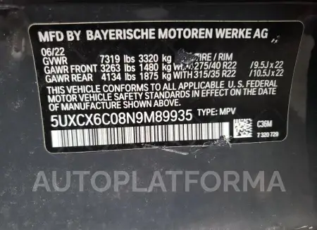 BMW X7 M50I 2022 vin 5UXCX6C08N9M89935 from auto auction Copart