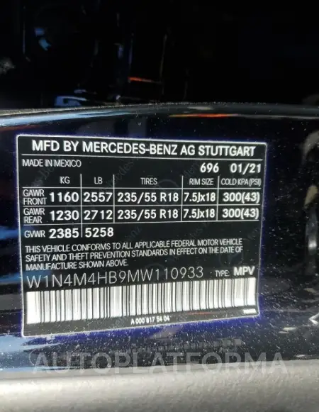 MERCEDES-BENZ GLB 250 4M 2021 vin W1N4M4HB9MW110933 from auto auction Copart