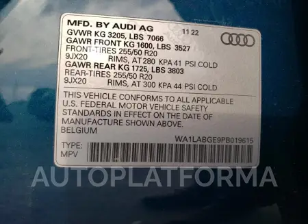 AUDI E-TRON PRE 2023 vin WA1LABGE9PB019615 from auto auction Copart