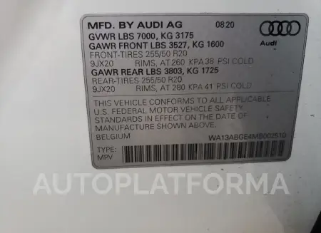 AUDI E-TRON SPO 2021 vin WA13ABGE4MB002510 from auto auction Copart