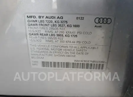 AUDI E-TRON S S 2022 vin WA13CBGE7NB023380 from auto auction Copart