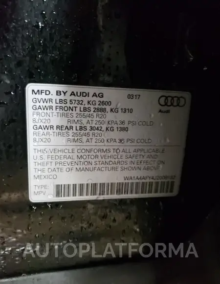 AUDI SQ5 PREMIU 2018 vin WA1A4AFY4J2009182 from auto auction Copart