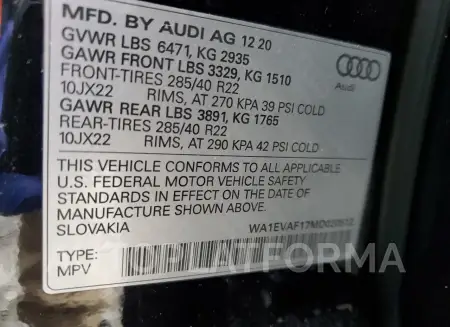 AUDI Q8 PREMIUM 2021 vin WA1EVAF17MD020512 from auto auction Copart