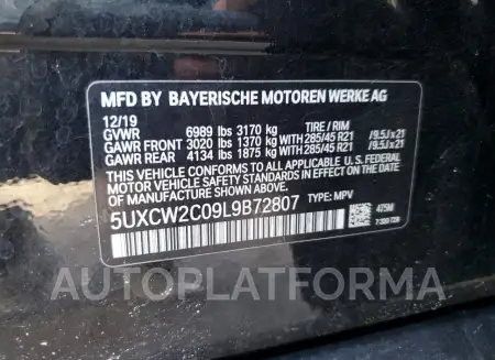 BMW X7 XDRIVE4 2020 vin 5UXCW2C09L9B72807 from auto auction Copart