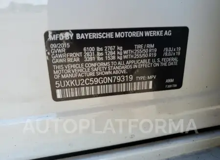 BMW X6 XDRIVE3 2016 vin 5UXKU2C59G0N79319 from auto auction Copart