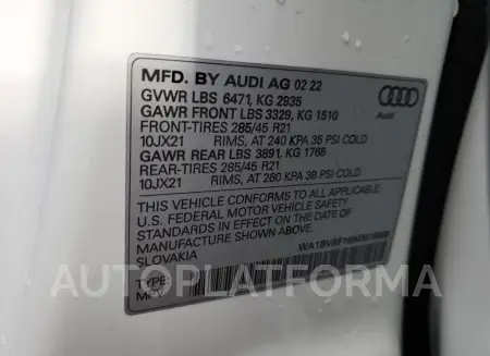 AUDI Q8 PREMIUM 2022 vin WA1BVBF16ND018308 from auto auction Copart