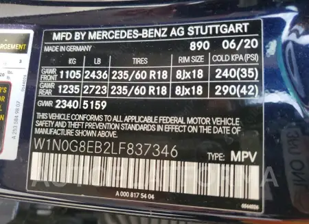 MERCEDES-BENZ GLC 300 4M 2020 vin W1N0G8EB2LF837346 from auto auction Copart