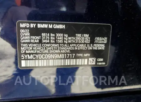 BMW X6 M 2022 vin 5YMCY0C09N9M81717 from auto auction Copart