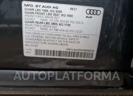 AUDI E-TRON PRE 2022 vin WA1LAAGE6NB008336 from auto auction Copart