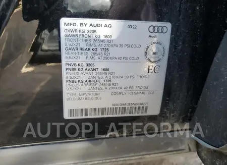 AUDI E-TRON SPO 2022 vin WA13AAGE5NB030277 from auto auction Copart