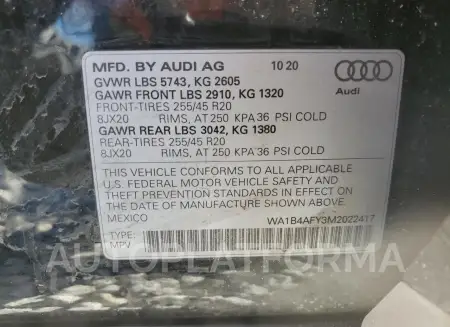 AUDI SQ5 PREMIU 2021 vin WA1B4AFY3M2022417 from auto auction Copart