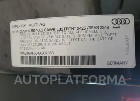 AUDI A5 PREMIUM 2019 vin WAUTNAF50KA007953 from auto auction Copart