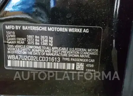 BMW 750 XI 2020 vin WBA7U2C02LCD31613 from auto auction Copart