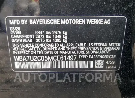 BMW 750 XI 2021 vin WBA7U2C05MCE61497 from auto auction Copart