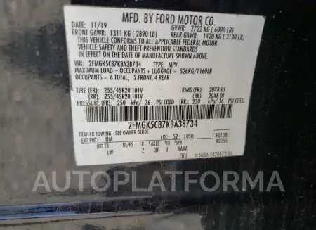 FORD FLEX SEL 2019 vin 2FMGK5C87KBA38734 from auto auction Copart