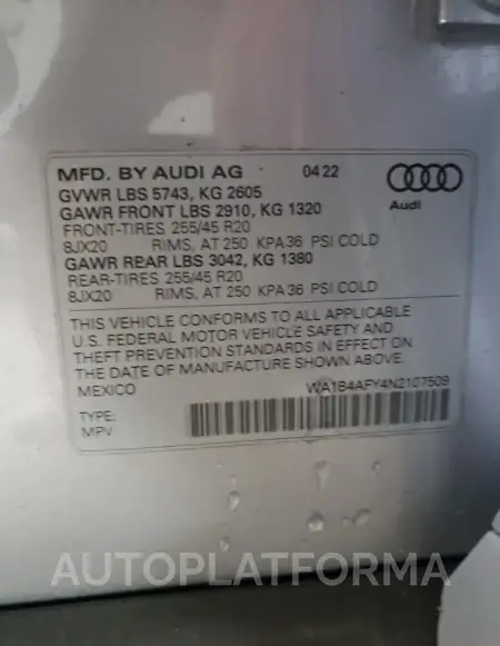 AUDI SQ5 PREMIU 2022 vin WA1B4AFY4N2107509 from auto auction Copart