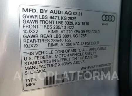 AUDI Q8 PRESTIG 2021 vin WA1FVAF11MD035222 from auto auction Copart