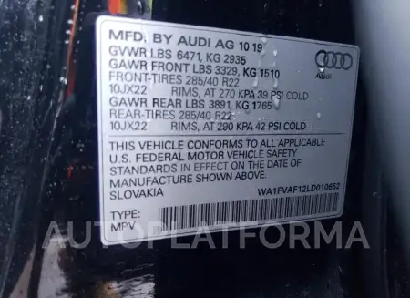 AUDI Q8 PRESTIG 2020 vin WA1FVAF12LD010652 from auto auction Copart