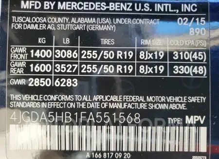 MERCEDES-BENZ ML 350 4MA 2015 vin 4JGDA5HB1FA551568 from auto auction Copart