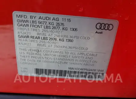 AUDI SQ5 PREMIU 2016 vin WA1CCAFP5GA081848 from auto auction Copart