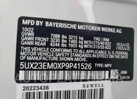 BMW X7 XDRIVE4 2023 vin 5UX23EM0XP9P41526 from auto auction Copart