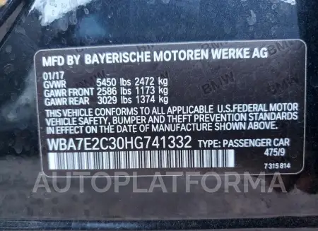 BMW 740 I 2017 vin WBA7E2C30HG741332 from auto auction Copart