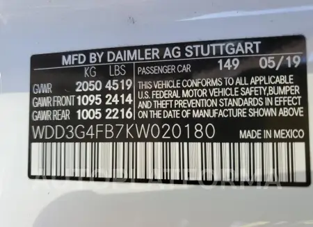 MERCEDES-BENZ A 220 4MAT 2019 vin WDD3G4FB7KW020180 from auto auction Copart