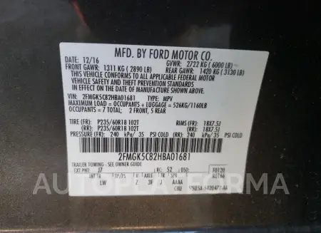 FORD FLEX SEL 2017 vin 2FMGK5C82HBA01681 from auto auction Copart