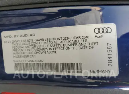 AUDI A5 PRESTIG 2022 vin WAUBBCF54NA003702 from auto auction Copart