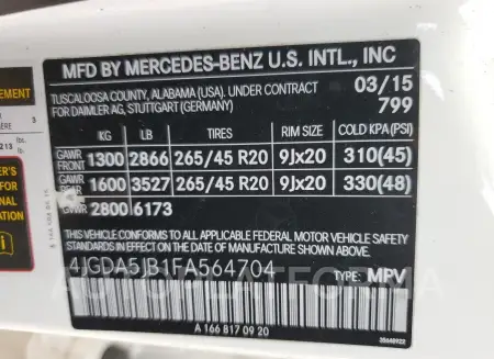 MERCEDES-BENZ ML 350 2015 vin 4JGDA5JB1FA564704 from auto auction Copart