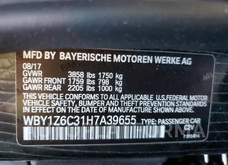 BMW I3 BEV 2017 vin WBY1Z6C31H7A39655 from auto auction Copart