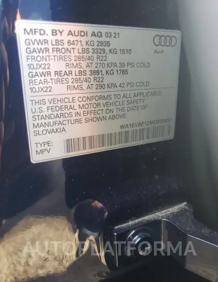 AUDI Q8 PREMIUM 2021 vin WA1EVAF12MD033653 from auto auction Copart