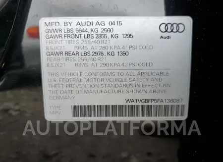 AUDI SQ5 2015 vin WA1VGBFP5FA136087 from auto auction Copart